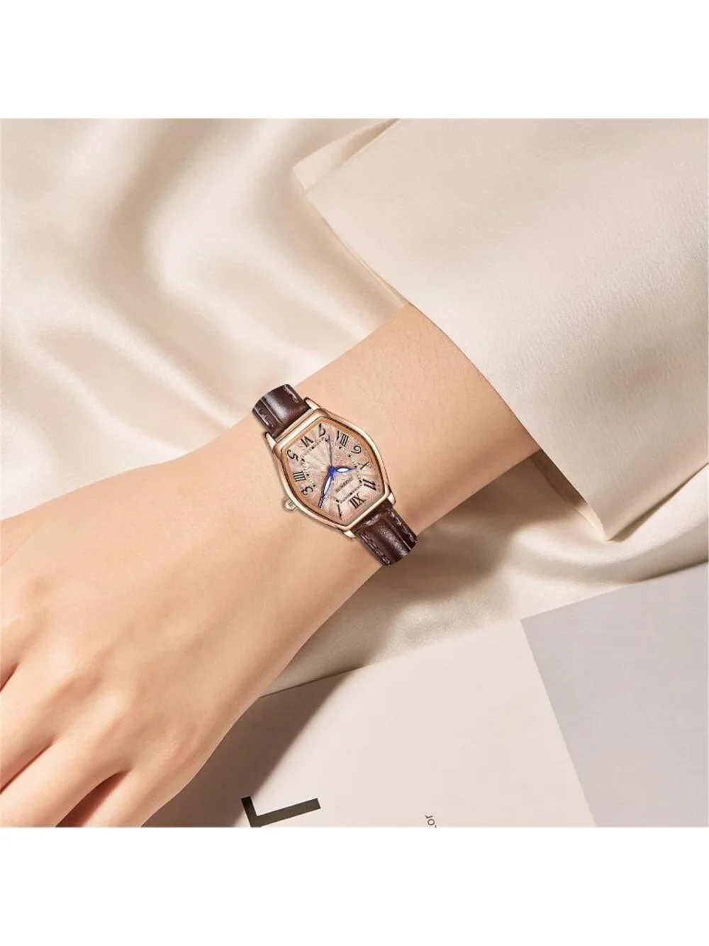 Women's Brown Analog Quartz Leather Band Elegant Barrel-Shaped Classic Watch